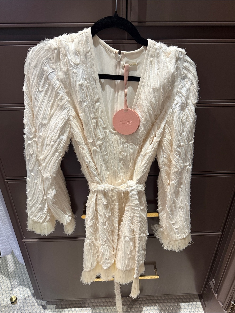 Alexis Jen Cream Fringe-Textured Belted dress size S NWT